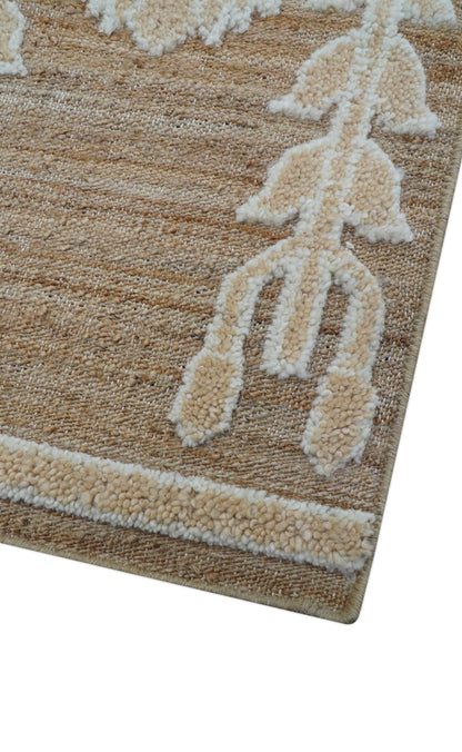 Custom Made Tribal Brown And Ivory Hand Knotted Wool and Jute Rug.
