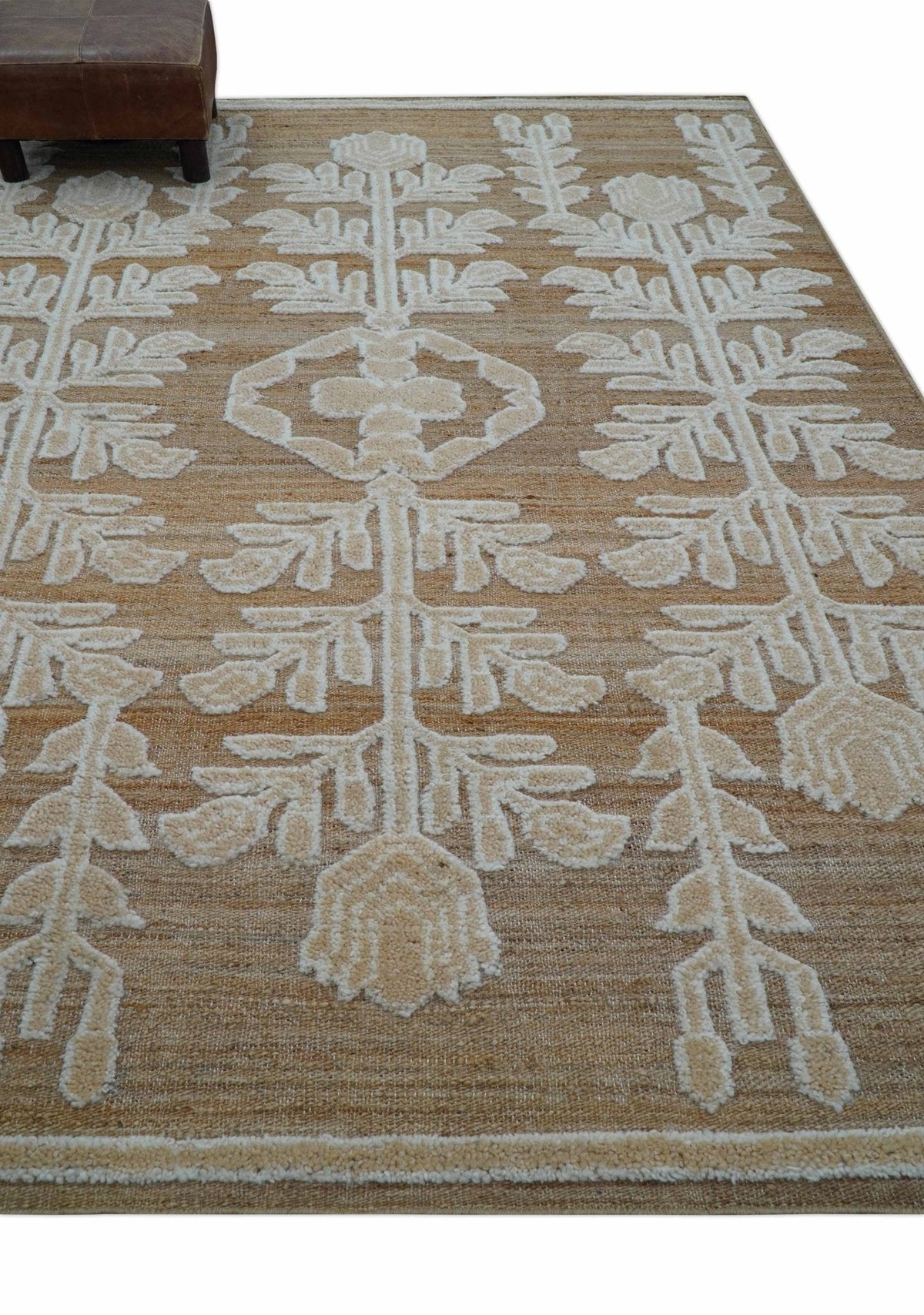 Custom Made Tribal Brown And Ivory Hand Knotted Wool and Jute Rug.