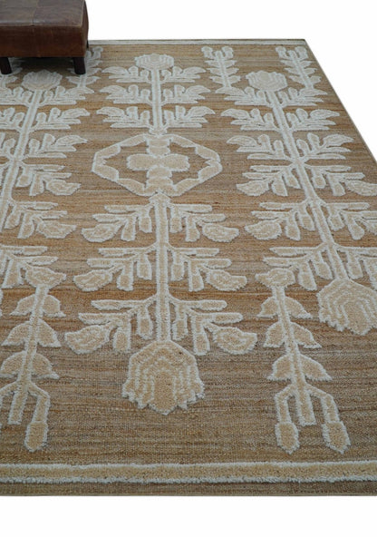 Custom Made Tribal Brown And Ivory Hand Knotted Wool and Jute Rug.