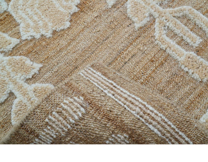 Custom Made Tribal Brown And Ivory Hand Knotted Wool and Jute Rug.
