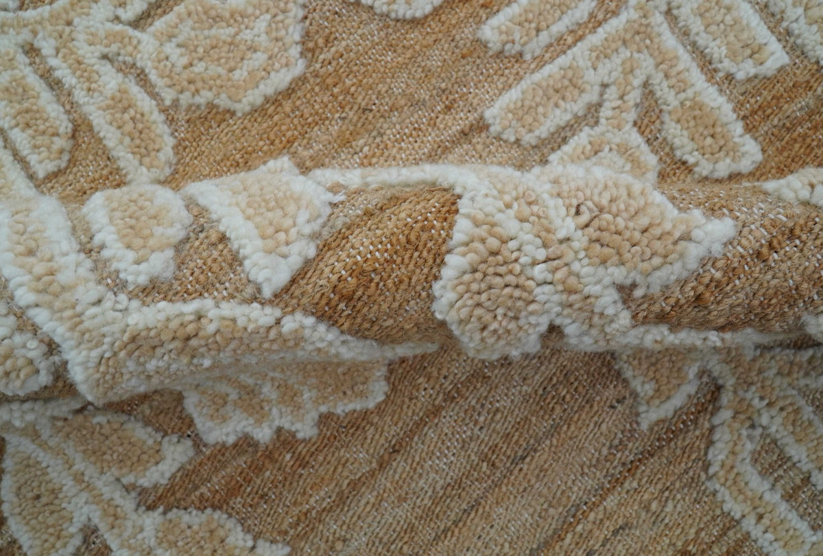 Custom Made Tribal Brown And Ivory Hand Knotted Wool and Jute Rug.