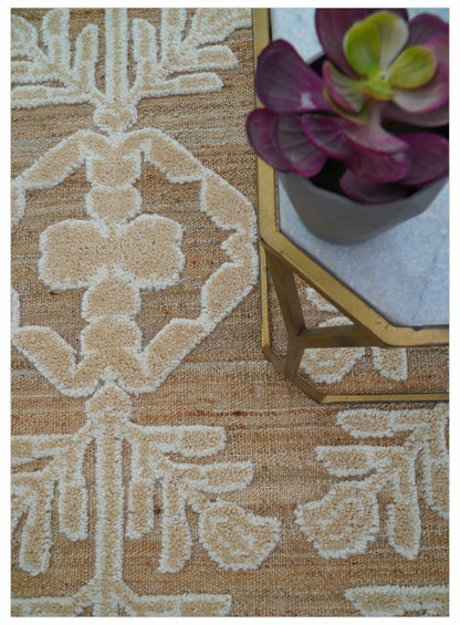 Custom Made Tribal Brown And Ivory Hand Knotted Wool and Jute Rug.
