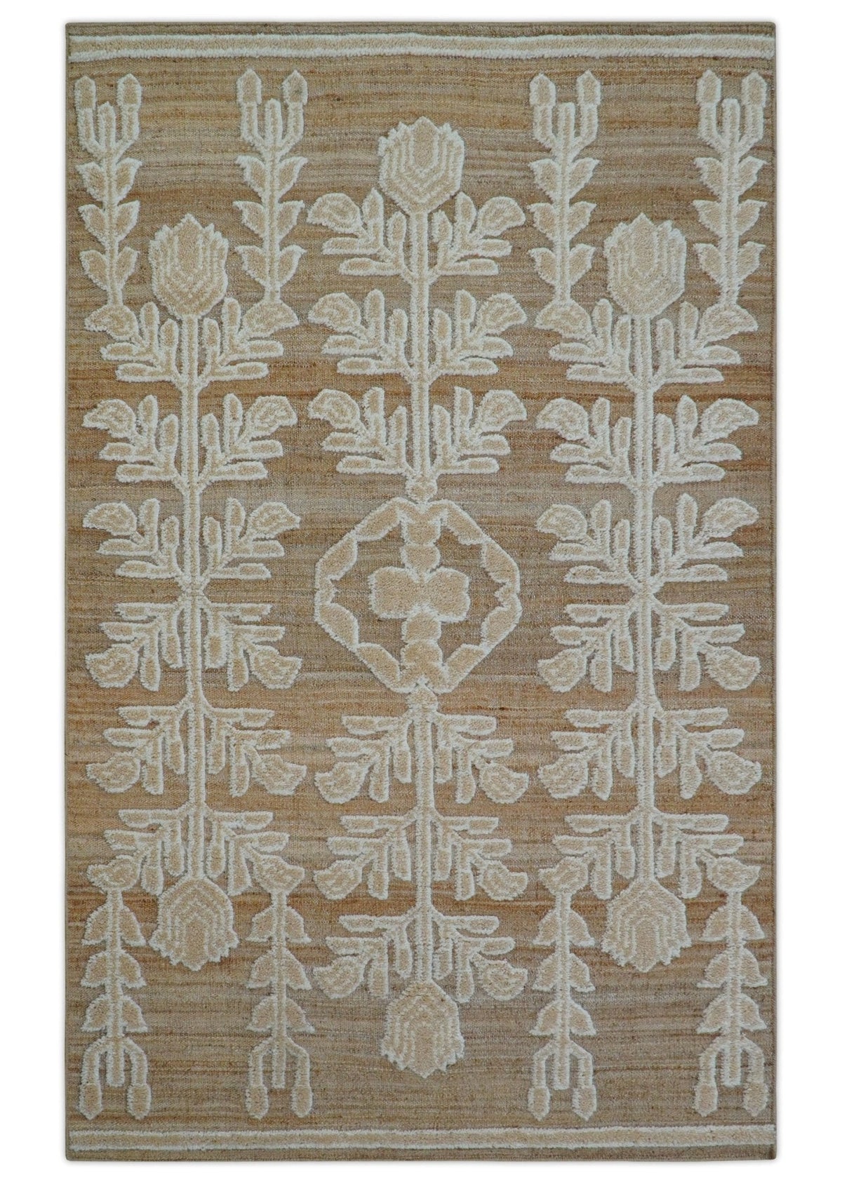 Custom Made Tribal Brown And Ivory Hand Knotted Wool and Jute Rug.