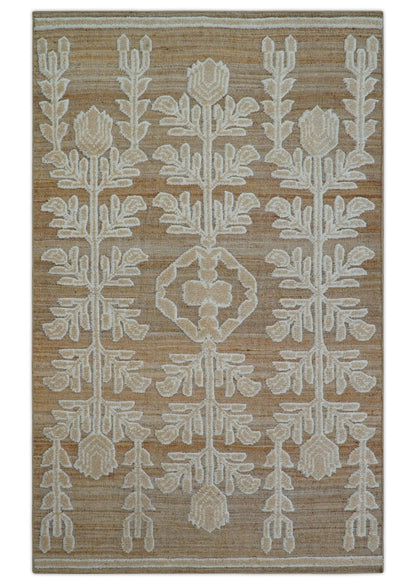 Custom Made Tribal Brown And Ivory Hand Knotted Wool and Jute Rug.