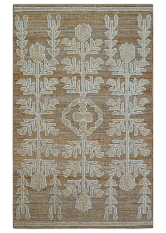 Custom Made Tribal Brown And Ivory Hand Knotted Wool and Jute Rug.