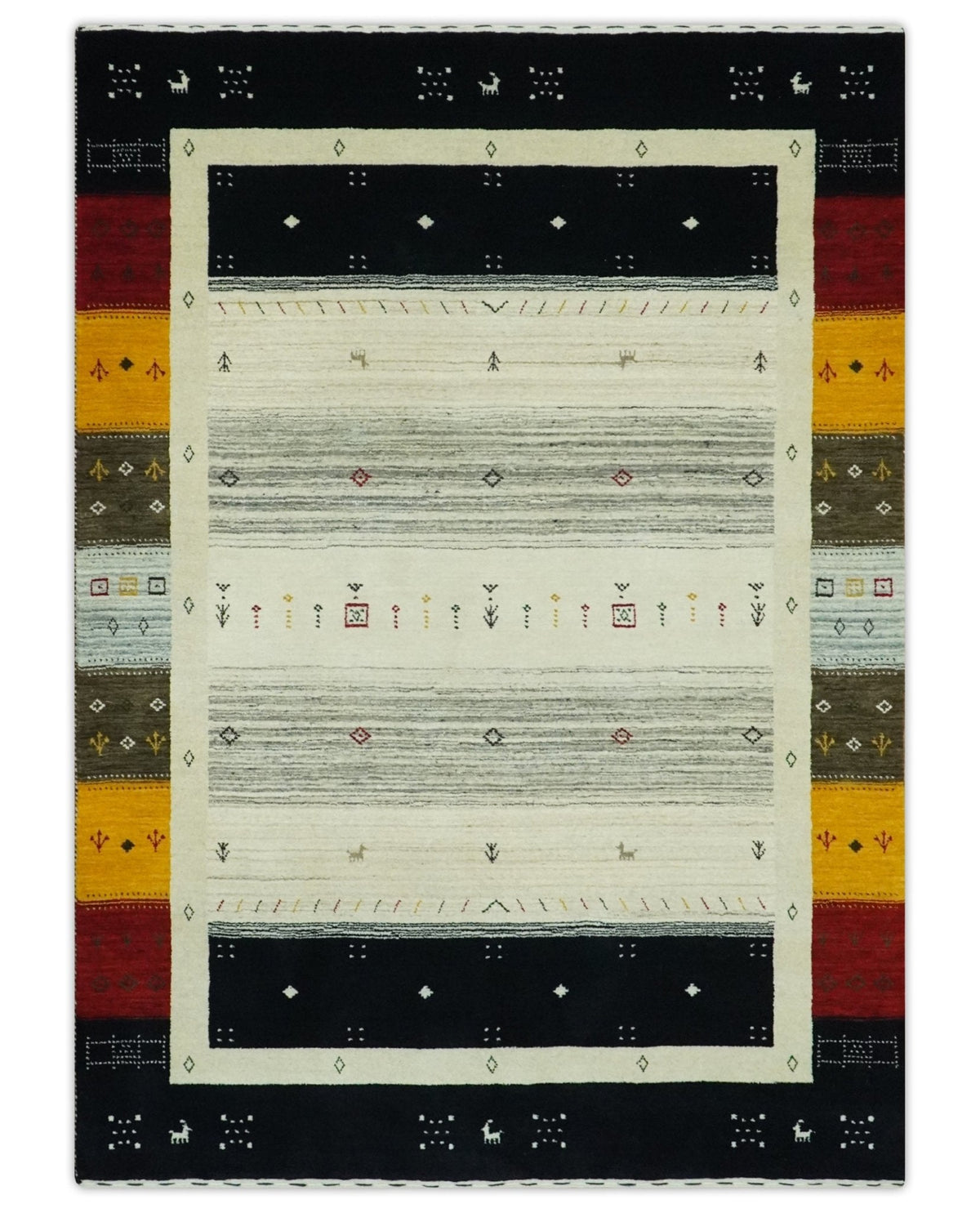 Custom Made Tribal Gabbeh Ivory, Black, Gold and Maroon Stripes design Traditional Wool Area Rug.