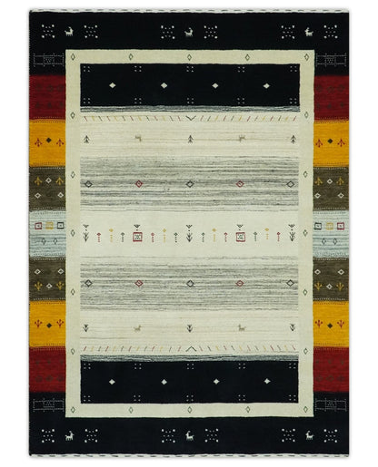 Custom Made Tribal Gabbeh Ivory, Black, Gold and Maroon Stripes design Traditional Wool Area Rug.
