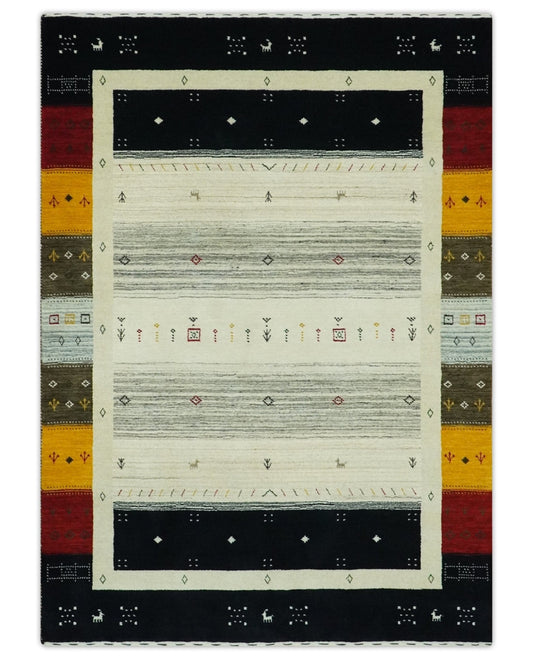 Custom Made Tribal Gabbeh Ivory, Black, Gold and Maroon Stripes design Traditional Wool Area Rug.