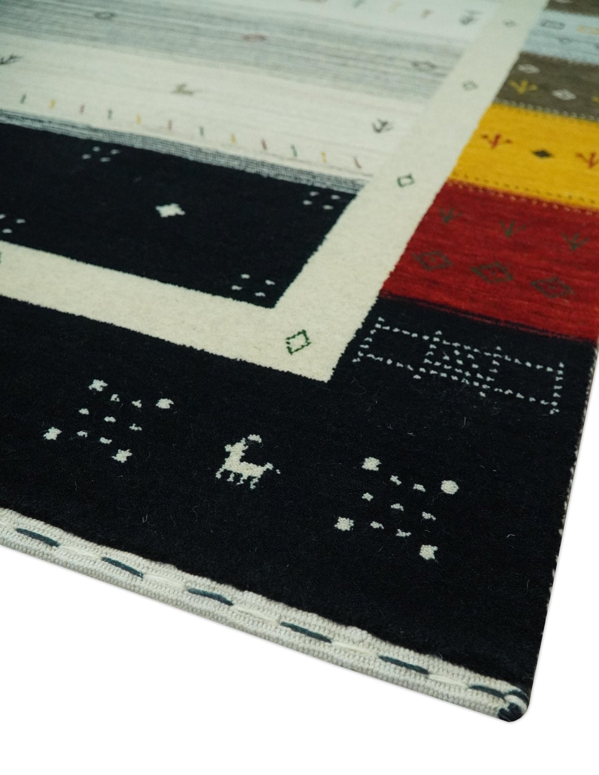 Custom Made Tribal Gabbeh Ivory, Black, Gold and Maroon Stripes design Traditional Wool Area Rug.