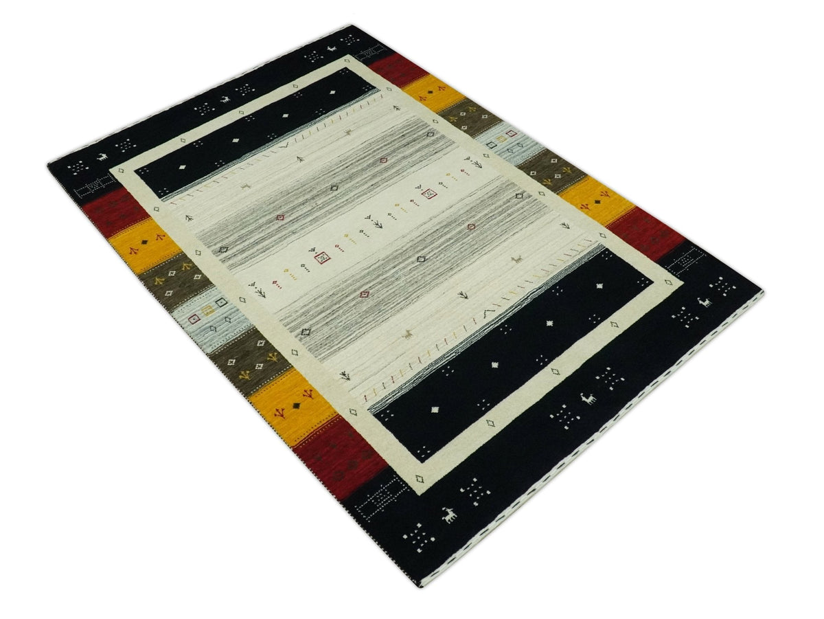 Custom Made Tribal Gabbeh Ivory, Black, Gold and Maroon Stripes design Traditional Wool Area Rug.