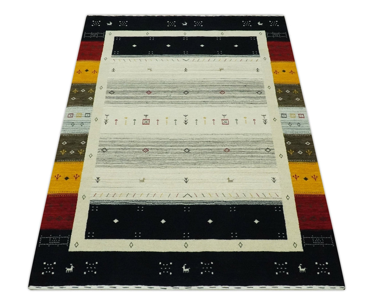 Custom Made Tribal Gabbeh Ivory, Black, Gold and Maroon Stripes design Traditional Wool Area Rug.