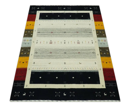 Custom Made Tribal Gabbeh Ivory, Black, Gold and Maroon Stripes design Traditional Wool Area Rug.