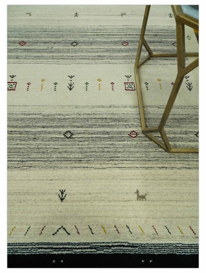 Custom Made Tribal Gabbeh Ivory, Black, Gold and Maroon Stripes design Traditional Wool Area Rug.