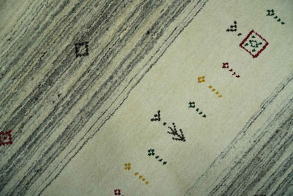 Custom Made Tribal Gabbeh Ivory, Black, Gold and Maroon Stripes design Traditional Wool Area Rug.