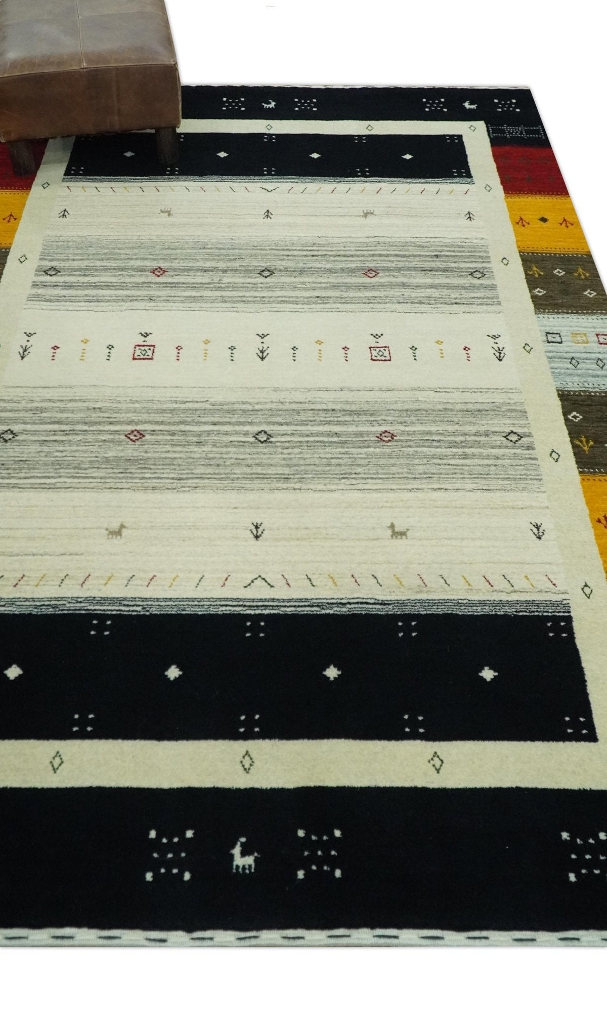 Custom Made Tribal Gabbeh Ivory, Black, Gold and Maroon Stripes design Traditional Wool Area Rug.