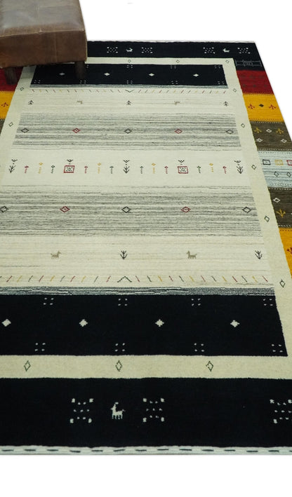 Custom Made Tribal Gabbeh Ivory, Black, Gold and Maroon Stripes design Traditional Wool Area Rug.