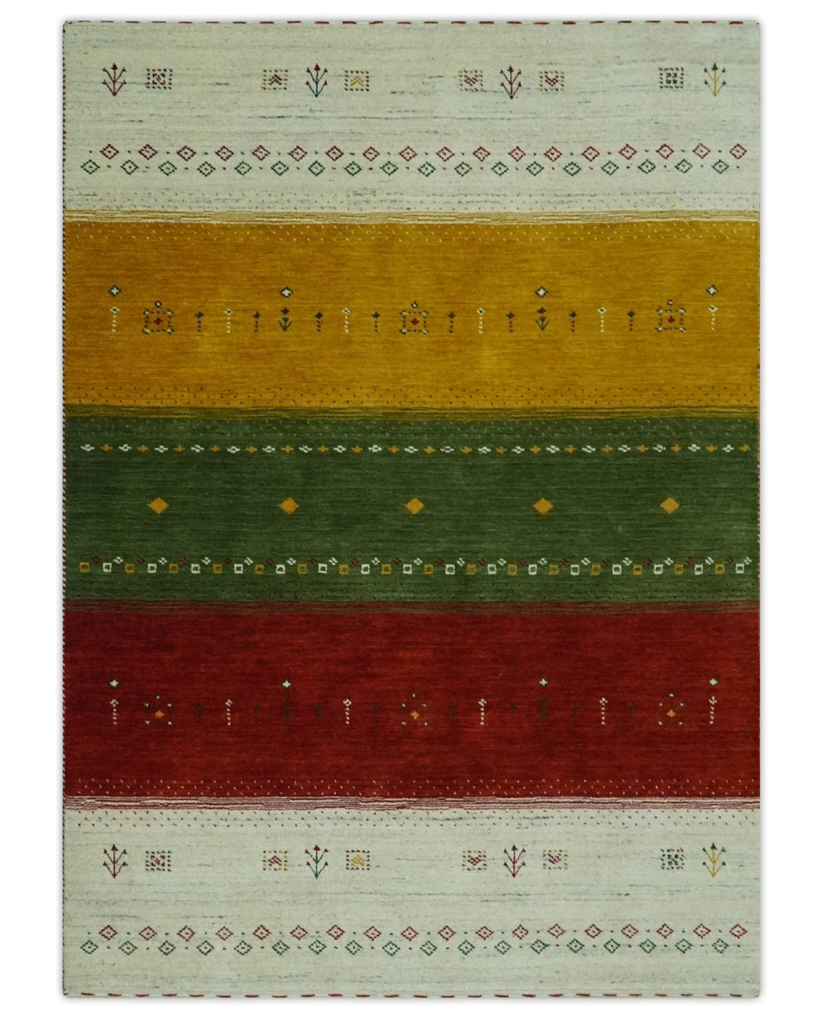 Custom Made Tribal Gabbeh Ivory, Gold, Green and Maroon Geometrical Stripes Design Wool area Rug.