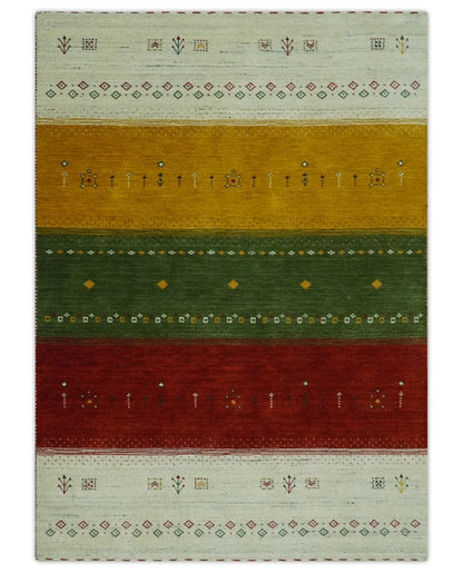 Custom Made Tribal Gabbeh Ivory, Gold, Green and Maroon Geometrical Stripes Design Wool area Rug.
