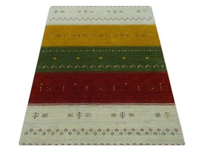 Custom Made Tribal Gabbeh Ivory, Gold, Green and Maroon Geometrical Stripes Design Wool area Rug.