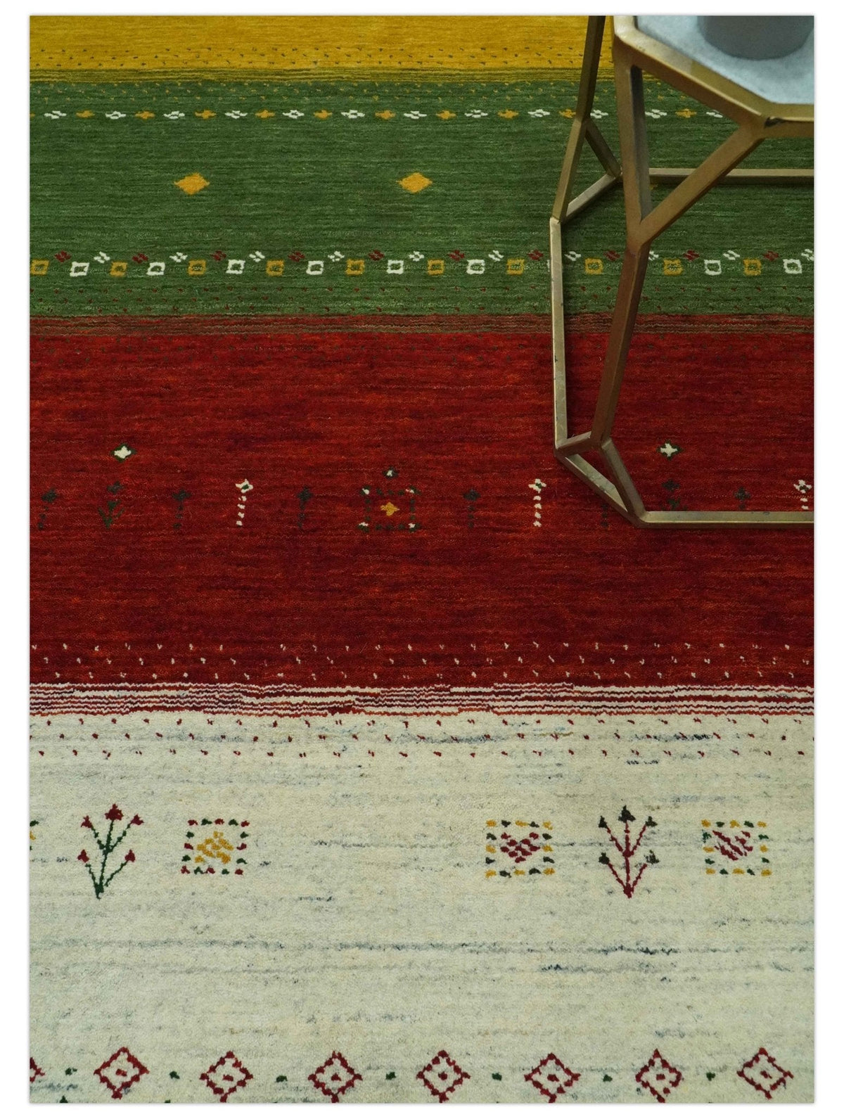 Custom Made Tribal Gabbeh Ivory, Gold, Green and Maroon Geometrical Stripes Design Wool area Rug.