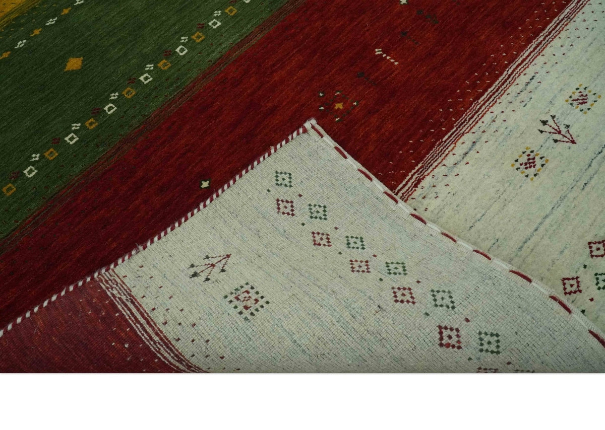 Custom Made Tribal Gabbeh Ivory, Gold, Green and Maroon Geometrical Stripes Design Wool area Rug.