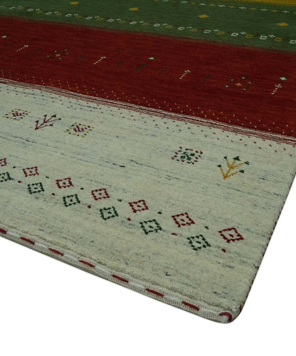 Custom Made Tribal Gabbeh Ivory, Gold, Green and Maroon Geometrical Stripes Design Wool area Rug.