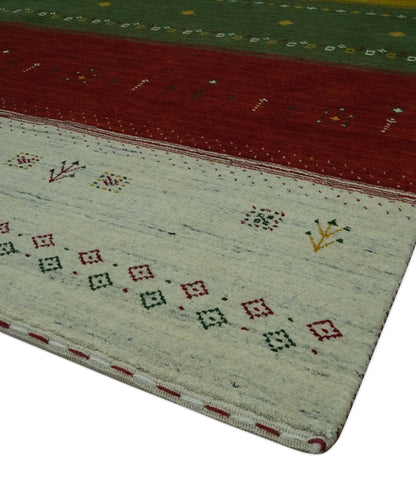 Custom Made Tribal Gabbeh Ivory, Gold, Green and Maroon Geometrical Stripes Design Wool area Rug.