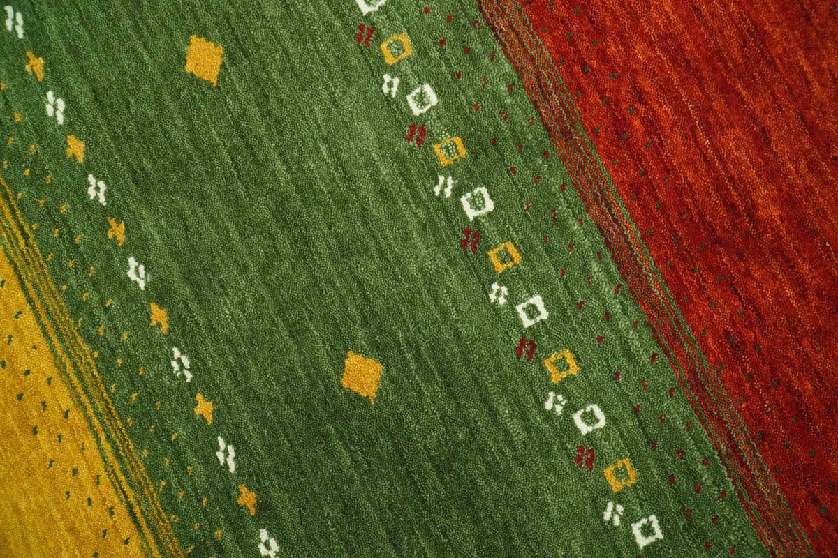 Custom Made Tribal Gabbeh Ivory, Gold, Green and Maroon Geometrical Stripes Design Wool area Rug.