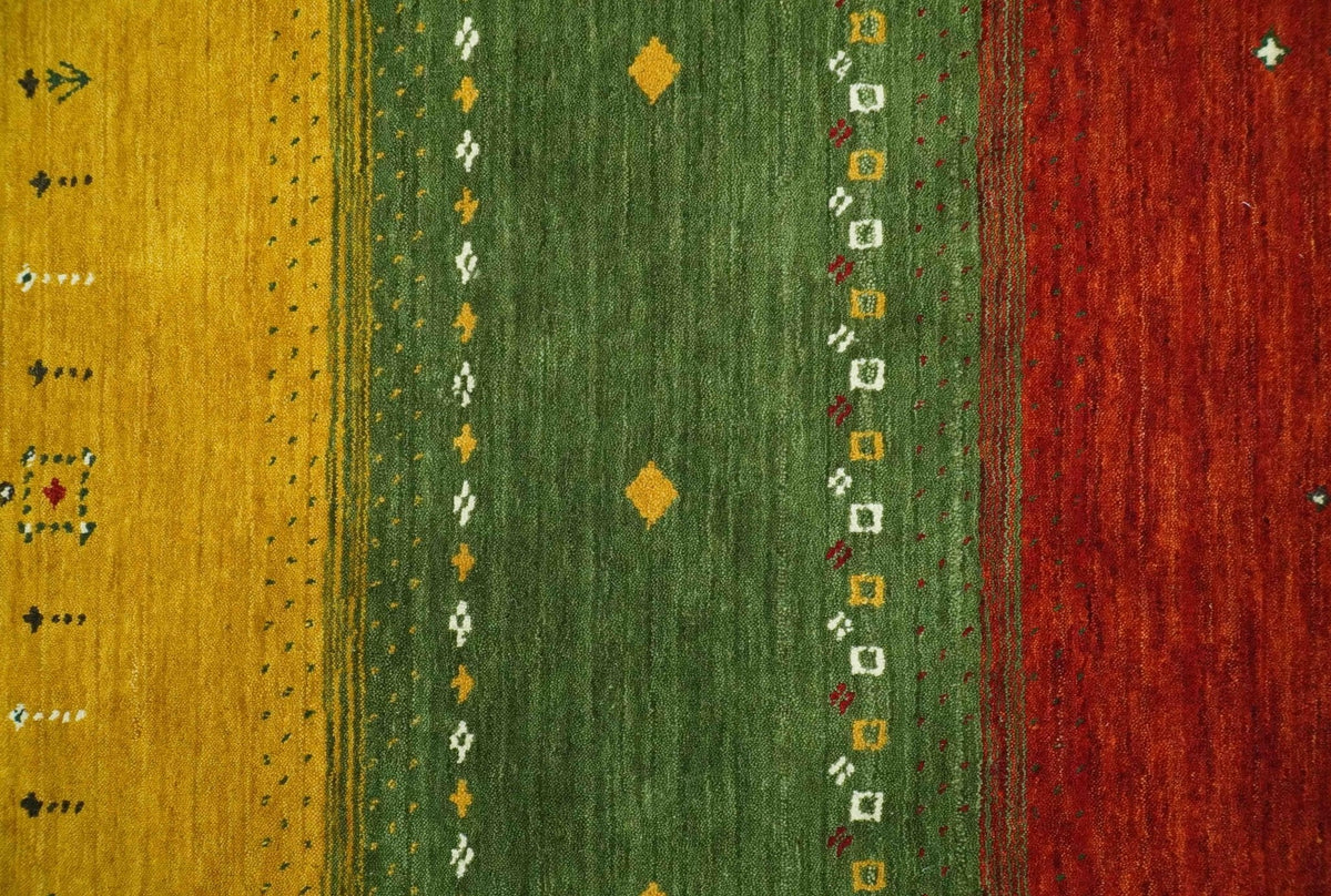 Custom Made Tribal Gabbeh Ivory, Gold, Green and Maroon Geometrical Stripes Design Wool area Rug.