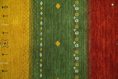 Custom Made Tribal Gabbeh Ivory, Gold, Green and Maroon Geometrical Stripes Design Wool area Rug.