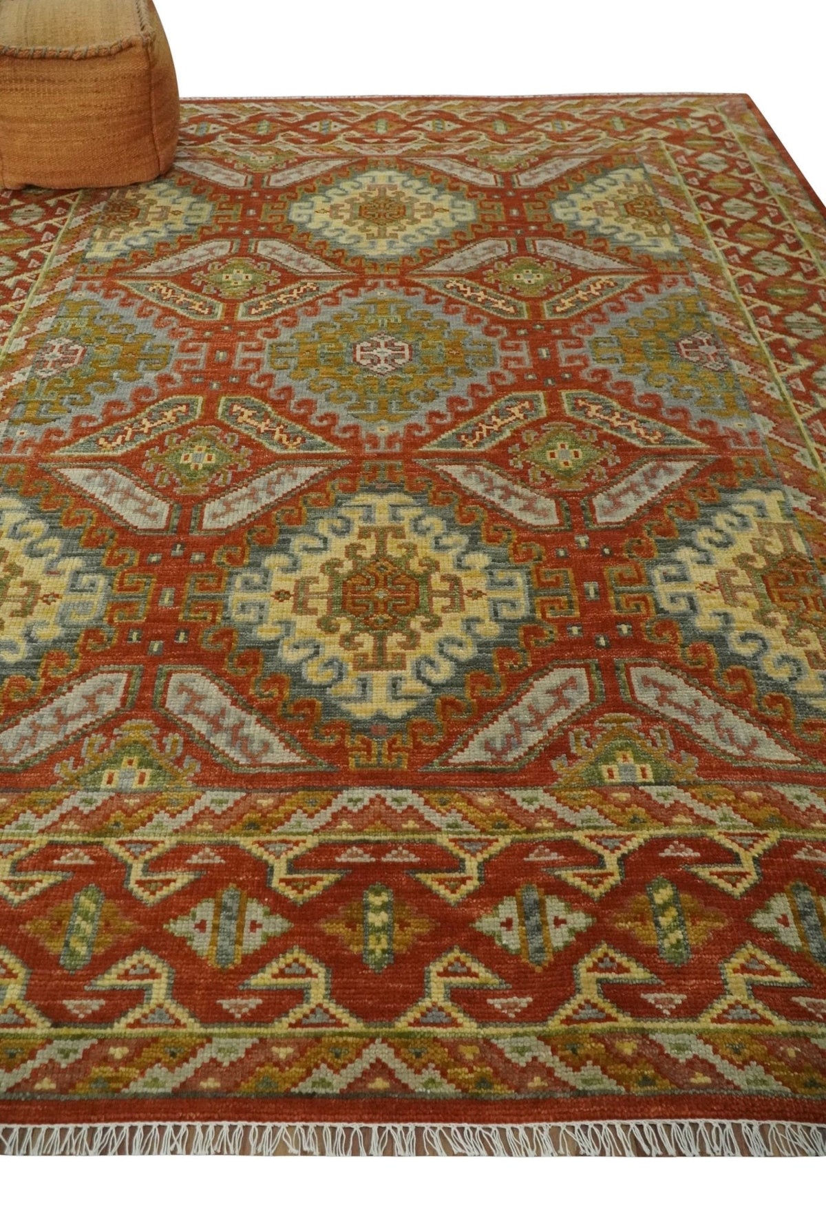 Custom Made Tribal Motifs Hand Knotted Rust, Gold and Blue Oriental Traditional Wool Area Rug.