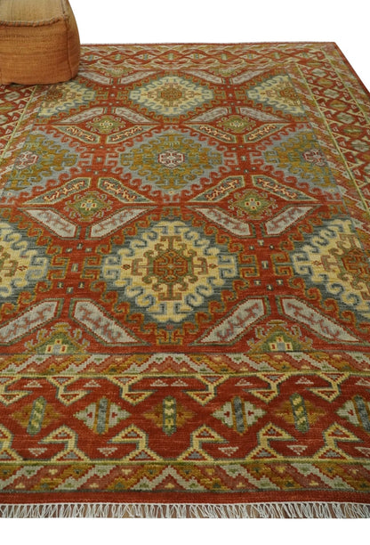 Custom Made Tribal Motifs Hand Knotted Rust, Gold and Blue Oriental Traditional Wool Area Rug.