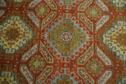 Custom Made Tribal Motifs Hand Knotted Rust, Gold and Blue Oriental Traditional Wool Area Rug.