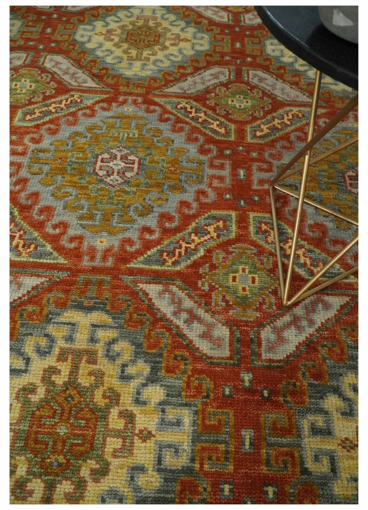 Custom Made Tribal Motifs Hand Knotted Rust, Gold and Blue Oriental Traditional Wool Area Rug.