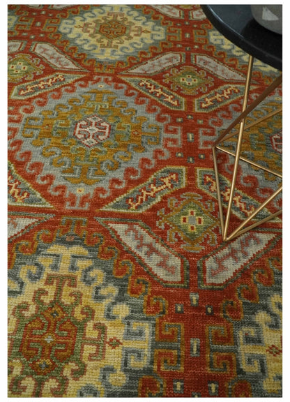 Custom Made Tribal Motifs Hand Knotted Rust, Gold and Blue Oriental Traditional Wool Area Rug.