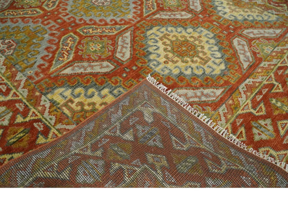 Custom Made Tribal Motifs Hand Knotted Rust, Gold and Blue Oriental Traditional Wool Area Rug.