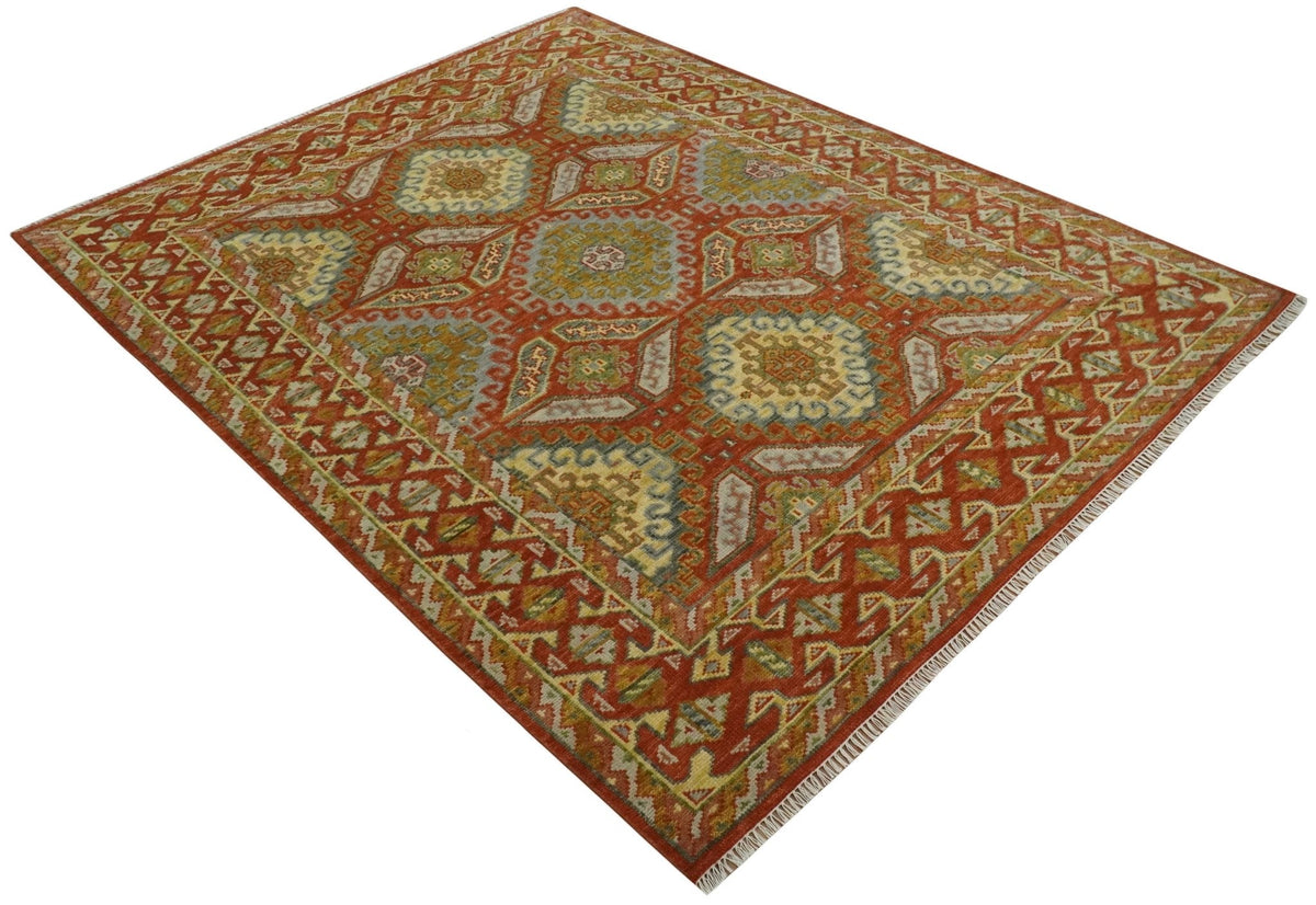 Custom Made Tribal Motifs Hand Knotted Rust, Gold and Blue Oriental Traditional Wool Area Rug.