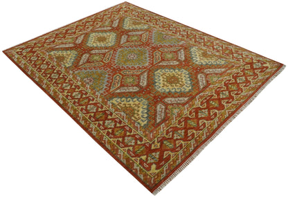 Custom Made Tribal Motifs Hand Knotted Rust, Gold and Blue Oriental Traditional Wool Area Rug.