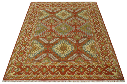 Custom Made Tribal Motifs Hand Knotted Rust, Gold and Blue Oriental Traditional Wool Area Rug.