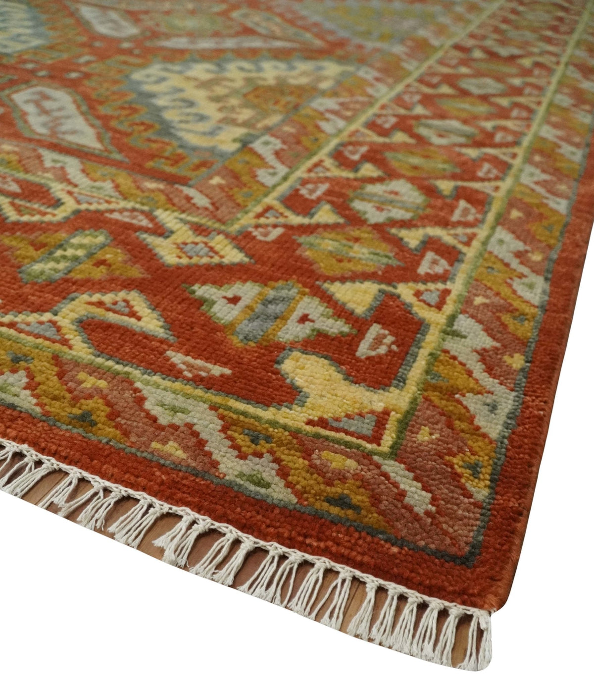 Custom Made Tribal Motifs Hand Knotted Rust, Gold and Blue Oriental Traditional Wool Area Rug.
