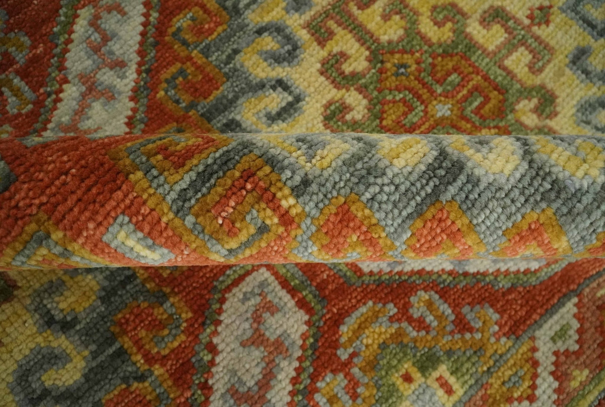 Custom Made Tribal Motifs Hand Knotted Rust, Gold and Blue Oriental Traditional Wool Area Rug.