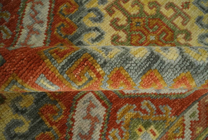 Custom Made Tribal Motifs Hand Knotted Rust, Gold and Blue Oriental Traditional Wool Area Rug.