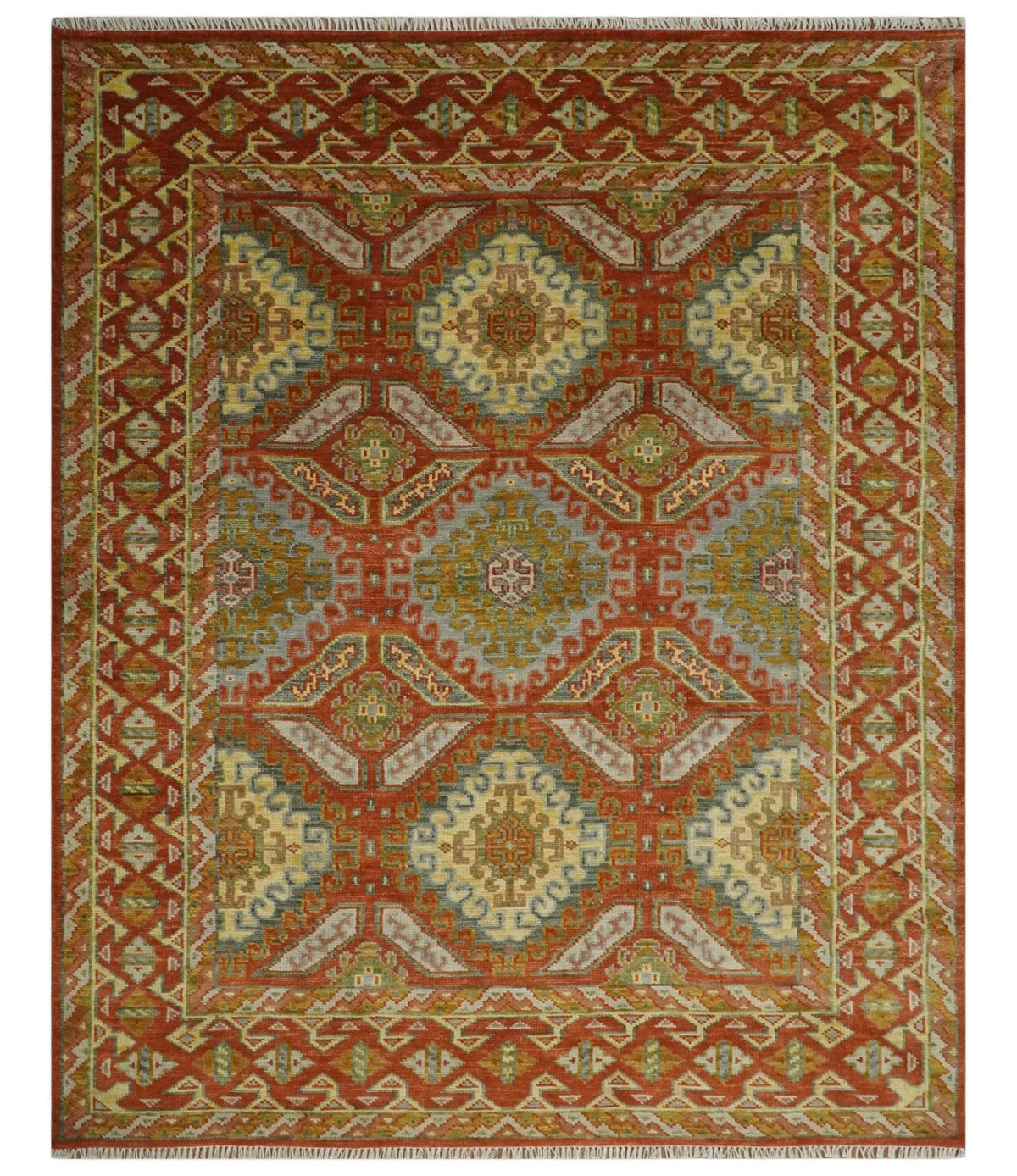 Custom Made Tribal Motifs Hand Knotted Rust, Gold and Blue Oriental Traditional Wool Area Rug.