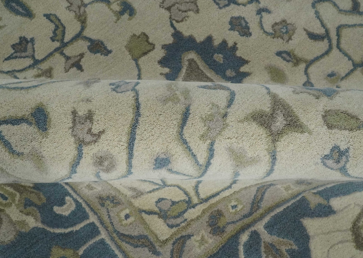 Custom Made Tufted Beige and Blue Traditional Wool Oushak Rug.