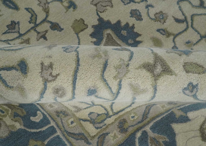 Custom Made Tufted Beige and Blue Traditional Wool Oushak Rug.