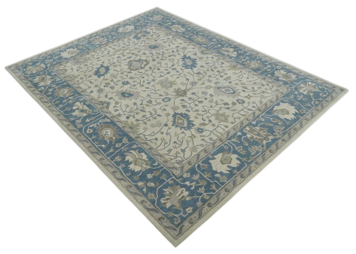 Custom Made Tufted Beige and Blue Traditional Wool Oushak Rug.