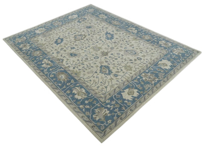 Custom Made Tufted Beige and Blue Traditional Wool Oushak Rug.