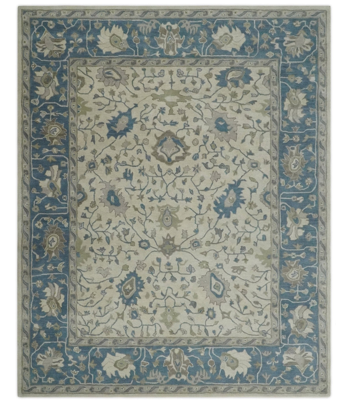 Custom Made Tufted Beige and Blue Traditional Wool Oushak Rug.