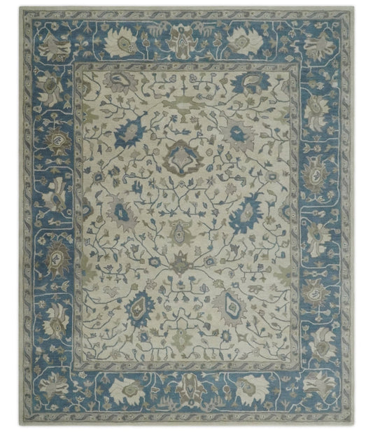 Custom Made Tufted Beige and Blue Traditional Wool Oushak Rug.