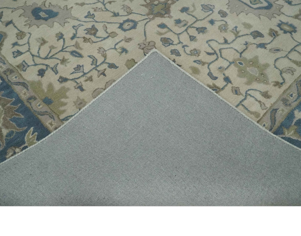Custom Made Tufted Beige and Blue Traditional Wool Oushak Rug.